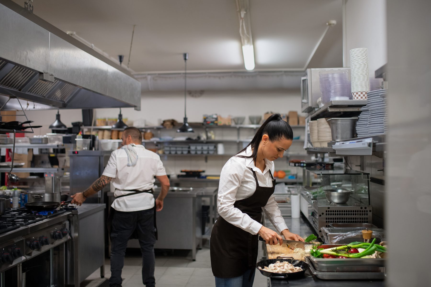 A kitchen team at work during service